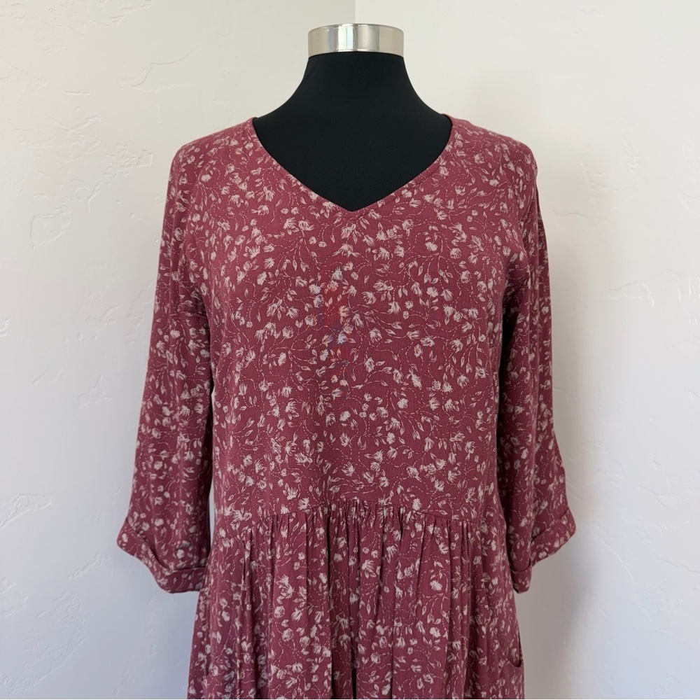 Garnet Hill Burgundy Floral V-Neck Babydoll Midi Dress Size 8 - Picture 4 of 14